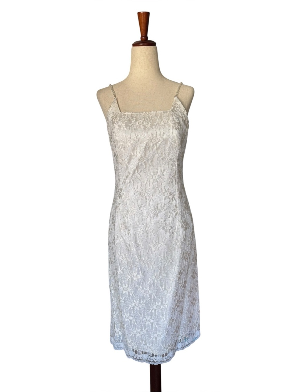 Vintage 90s Jessica McClintock Gunne Sax White Lace Slip Dress Beaded Straps
